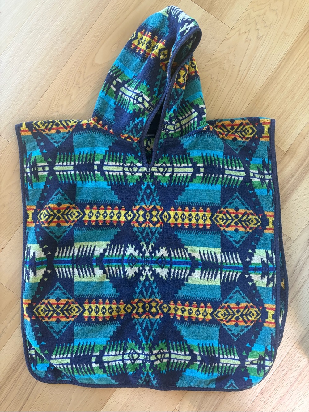 Pendleton Kids Hooded Poncho in Blue, Teal & Yellow Aztec Print